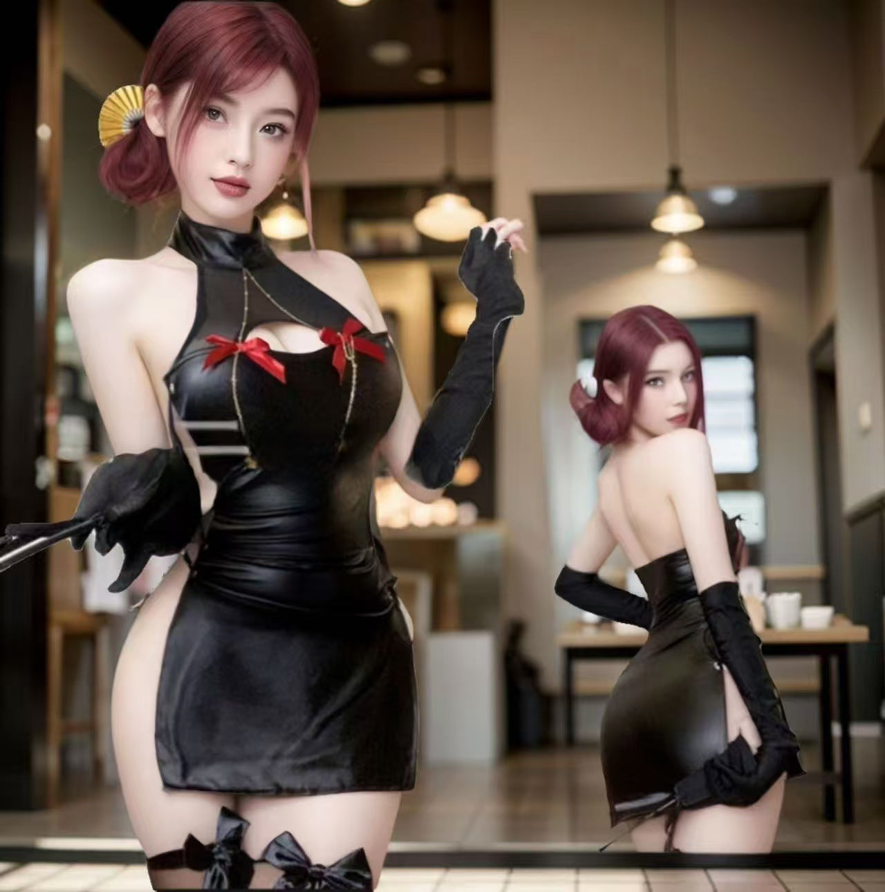 Image of Butterfly Rain, Halloween, Wild Devil, Patent Leather Strap Set, Temptation, Halterneck Nightclub, Cheongsam, Leaky Chest, Bow Cutout